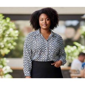 1X Women’s Plus Size Notations Button Down Shirt Blue Black White Geometric